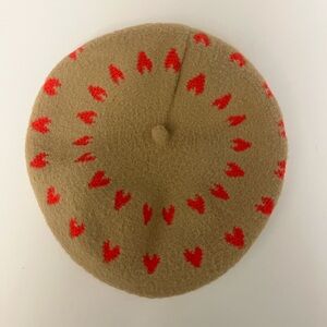 Tan Beret with Red Heart Pattern